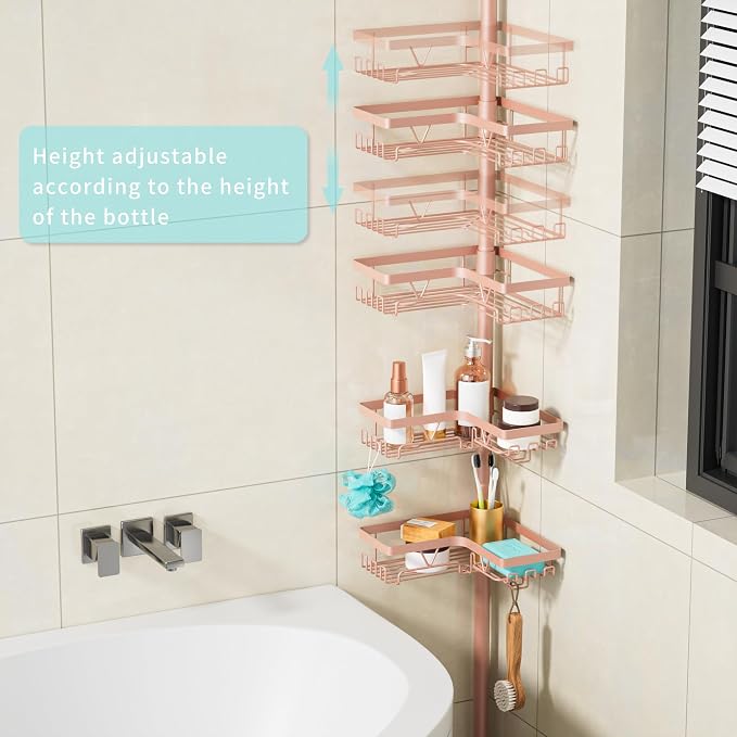 KEGII Corner Shower Caddy Tension Pole, Bathroom Organizer, Blush Nude | 28 Hooks, Soap Holder and Razor Rack for Family Bathrooms, 4-Tier Storage with Rustproof Steel, Fits 25-114.2 inch Heights