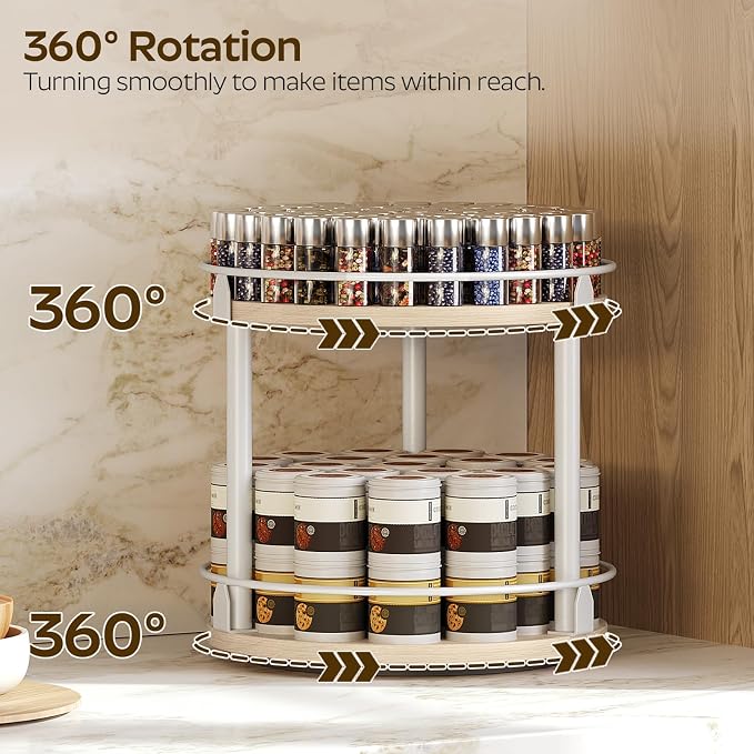 YATINEY Lazy Susan Organizer, Rotating Spice Rack, 2 Tier Spice Turntable Organizer, Industrial Turntable Spice Holder, for Kitchen Countertop, Compact and Versatile, White and Light Oak SR22WG