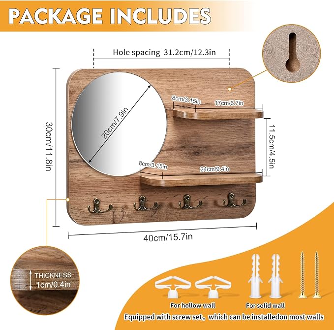 Wooden Key Rack with Mirror, Shelf and 4 Key Hooks for Rustic Entrances, Hallways, Living Rooms and Bedrooms - 16"x12" (Oak Color)