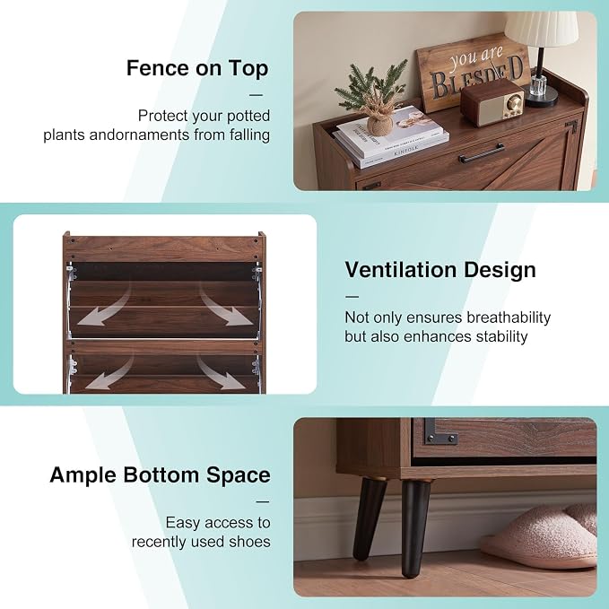 Barnyatoh Farmhouse Shoe Storage Cabinet with 2 Flip Drawers & Barn Door | Freestanding Hidden Slim Narrow Shoe Rack, Adjustable Shelves,Wood Shoes Organizer for Entryway, Foyer, Hallway,Walnut