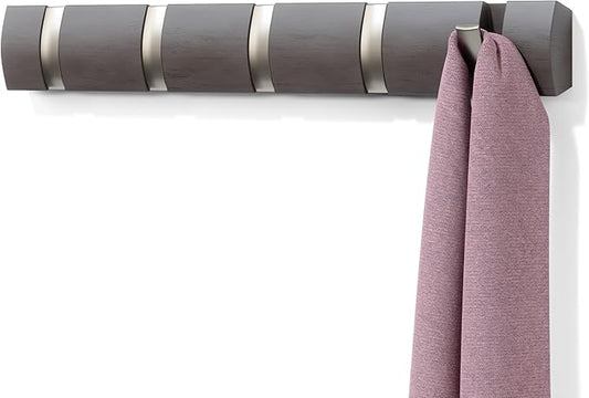 Umbra Flip Coat Rack, Wall Mounted 5-Hook Space Saving, Driftwood/Nickel | Real wood and steel build, retractable hooks fold flat, holds coats bags and scarves, easy install