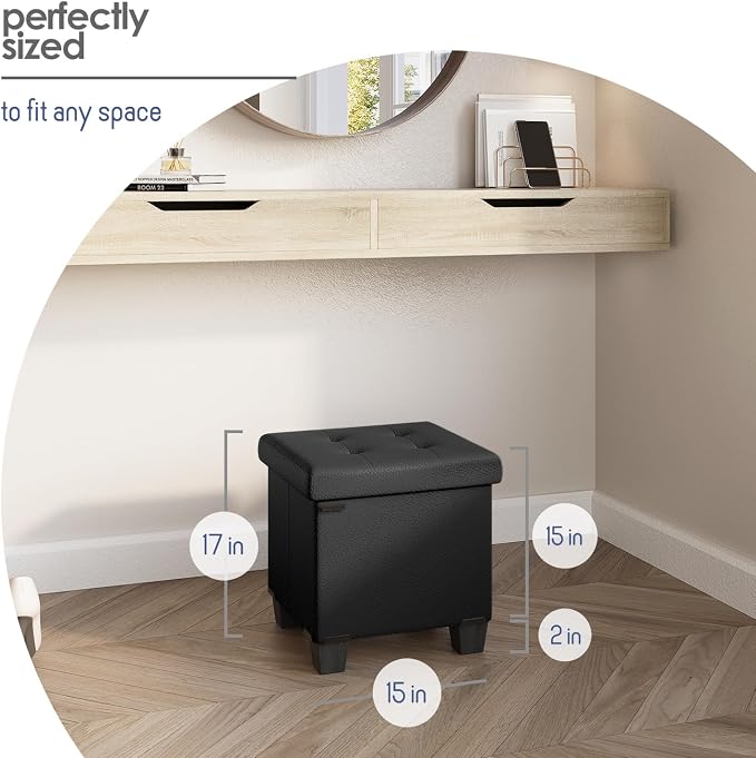 Storage Ottoman Cube with Small Bin, 15-in Square Ottoman with Storage for Living Room and Bedroom, Small Ottomans Foot Rest, Faux Leather Foot Stools Ottomans Max 330lbs, Black