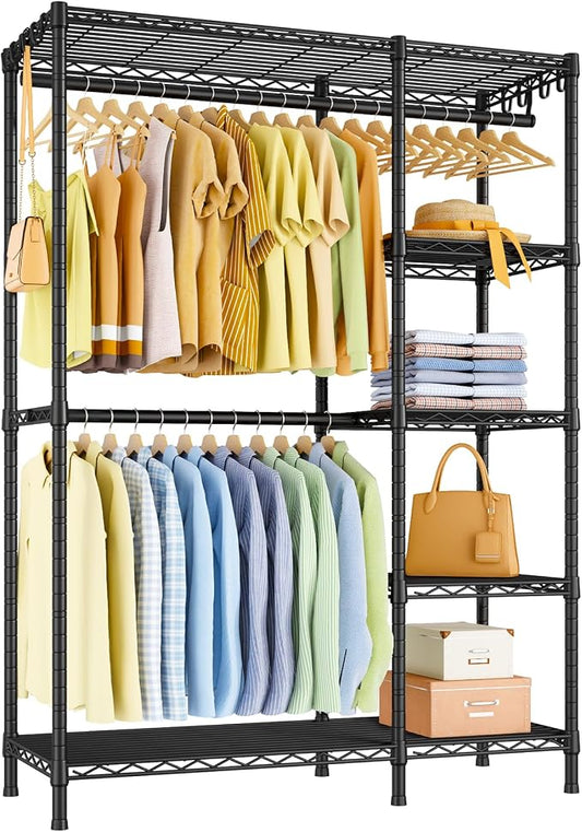 F2 Clothes Rack, 5 Tiers Heavy Duty Garment Rack for Bedroom | Freestanding Adjustable Closet Storage Organizer, Portable Clothing Wardrobe, 46.1"W x 15.4"D x 78.3"H, Load 630lbs, Black