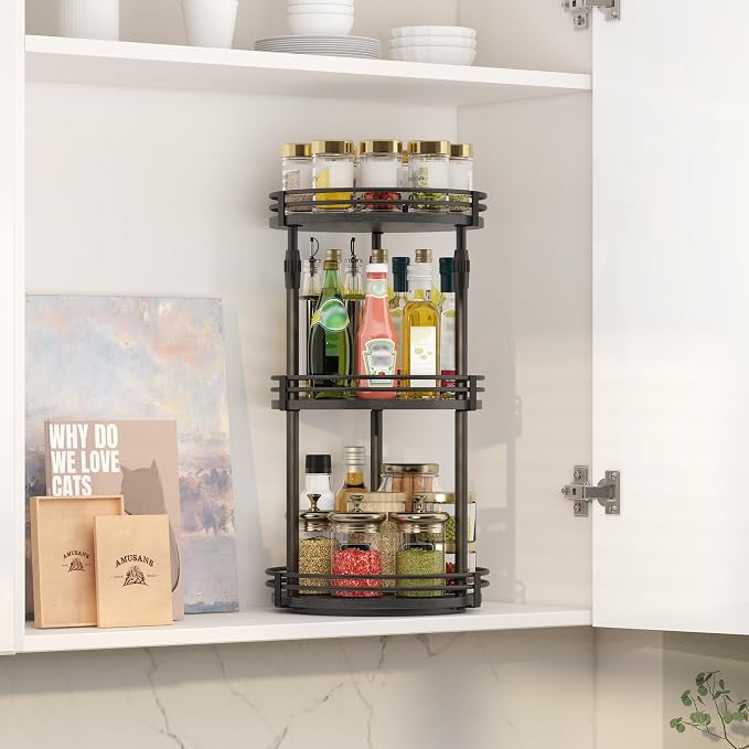 Across-star Lazy-Susan-Organizer-Spice-Rack, 3-Tier Rotating Spice Organizer for Cabinet Pantry, Seasoning Holder Shelf with Adjustable Height, Kitchen Counter Shelf Countertop Organzier