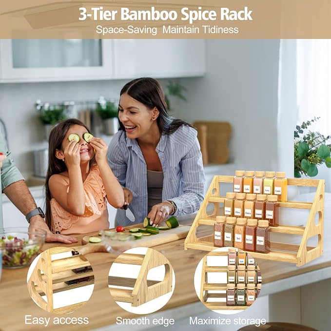 Premium Spice Rack - 3 Tier Bamboo Spice Rack Organizer - Spice Organization for Kitchen Cabinet/Countertop
