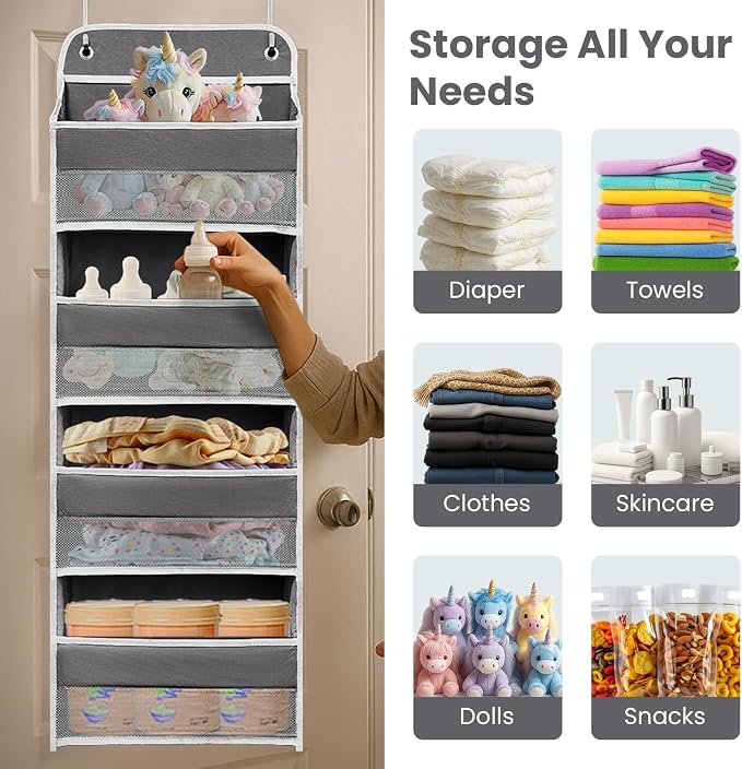 Over The Door Organizer 4 Shelves & 4 Side Pockets, Large Storage Rack | Anti-Tilt Hanging Door Storage for Closet Heavy-Duty Mesh Shelf for Bathroom, Closet, Toy Organization, Shoes, Towels, Grey