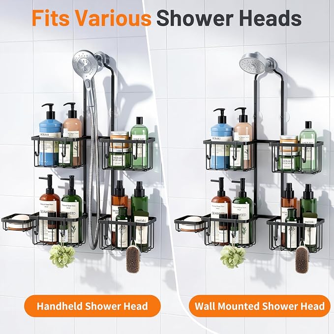 Luxspire Shower Caddy Hanging Overhead, Shower Organizer Hanging, Black | No Drilling Required, Height-Adjustable, Thickened Rustproof Stainless Steel, Heavy-Duty, Include 8 Hooks And Soap Holder