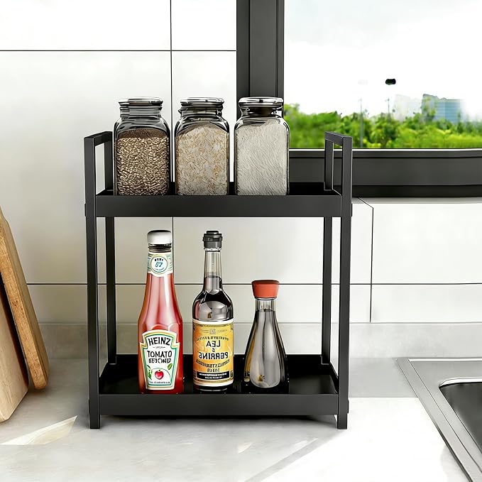 Bathroom Counter Organizer Vanity Storage Countertop Shelf, Small Black | 2 Tier Makeup Organizer Perfume Tray Skincare Holder for Sink, Dresser, Kitchen