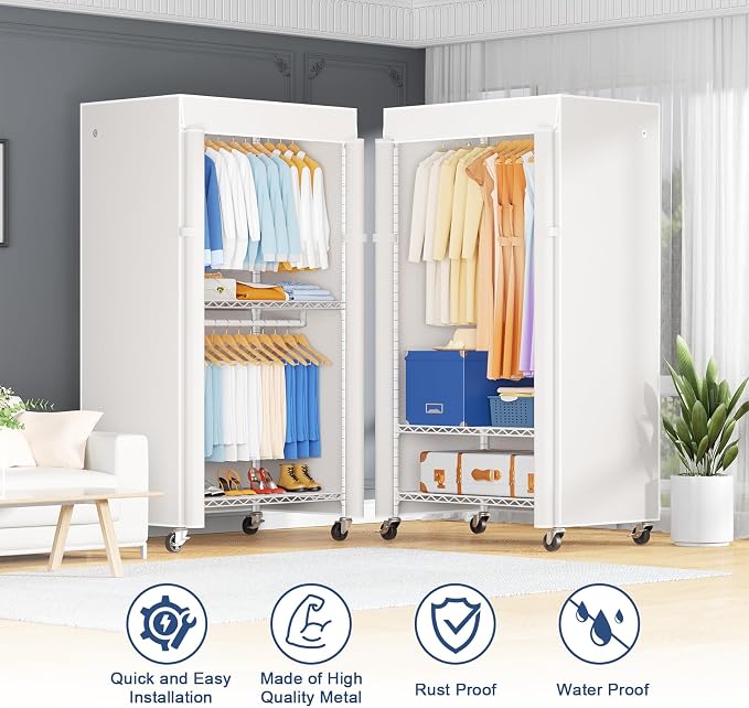 ULIFHOME P8C Heavy Duty Clothes Rack（With Extended Width Design） Rolling Clothing Racks for Hanging Clothes with Lockable Wheels，31.5" W x 15.8" D x 80.5" H，Max Load 600LBS，White Rack with White Cover
