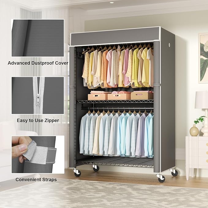 Black Clothing Rack with Dark Gray Cover, P1C Plus Rolling Closet | Metal Garment Rack with Wheels for Hanging Clothes, Portable Clothing Storage Wardrobe