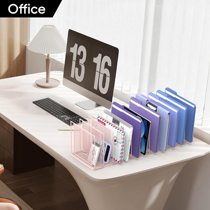 File Organizer for Desk, 11-Section Vertical File Sorter, Paper Holder Organizer Standing Metal File Folder for Office Home Classroom, Pink