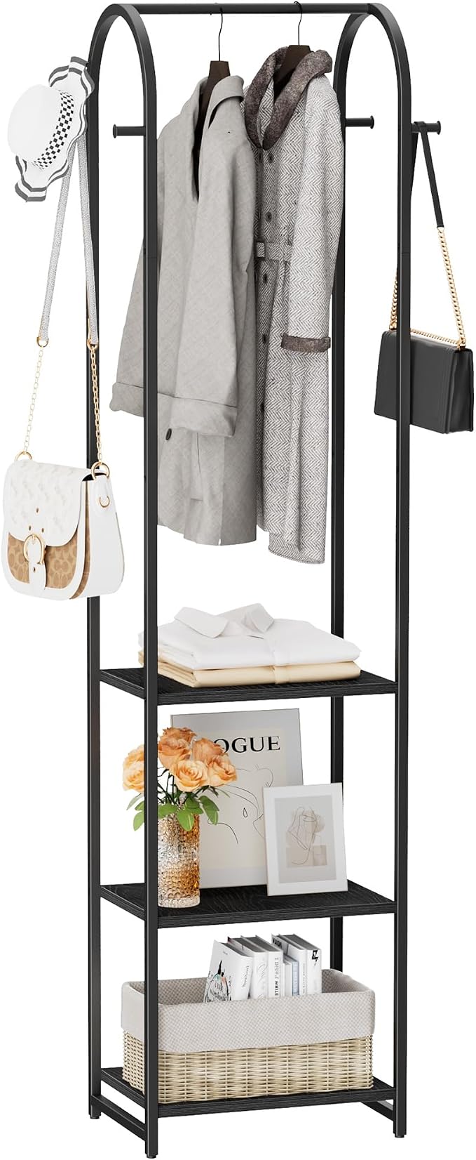 Garment Rack, Coat Rack with 3 Shelves and 4 Hooks, 71" H Clothes Stand for Hanging Clothes, Hanging Rod for for Bedroom, Hallway, Entryway, Office, Living Room, Black
