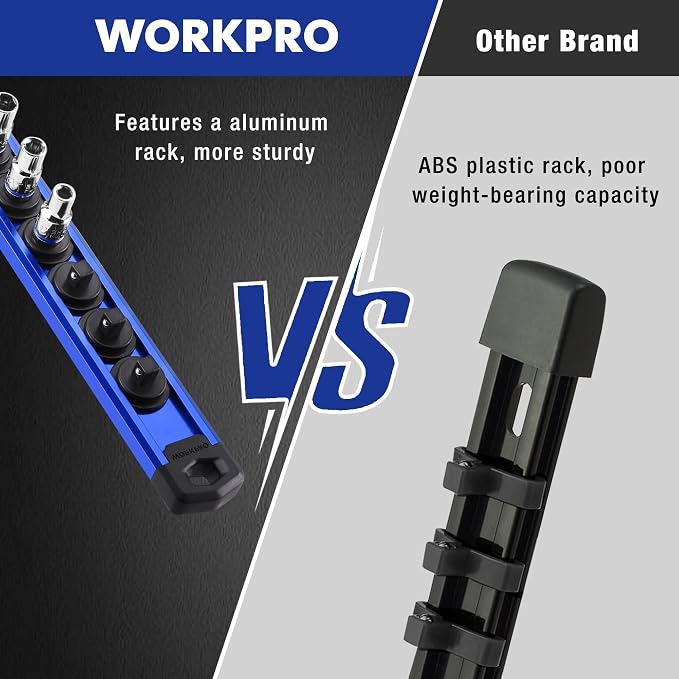 WORKPRO Magnetic Socket Organizer, Heavy Duty 1/4-Inch Drive Socket Rail | 1 Piece Socket Holder with 12 Spots, Aluminum Alloy, Rotatable & Movable Clips, Efficient Organization
