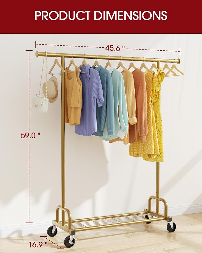 Sakugi Clothes Rack - Large-Capacity Clothing Racks for Hanging Clothes with Lockable Wheels, Space-Saving Metal Coat Rack for Bedroom, Laundry Room, Entryway, 45.6" x 16.9" x 59", Gold