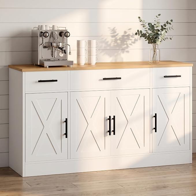 Buffet Cabinet with Storage, 53" Farmhouse Buffet Cabinet with 4 Doors and 3 Drawers, Sideboard Small Storage Cabinet with Adjustable Shelf, for Kitchen, Dining Room & Living Room, White&Yellow