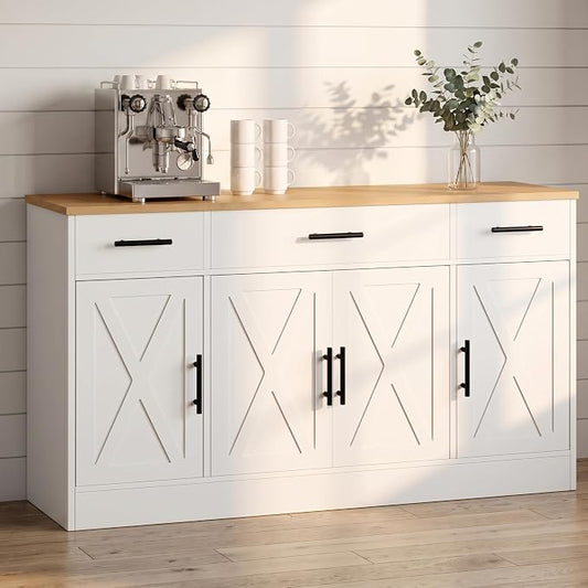 Buffet Cabinet with Storage, 53" Farmhouse Buffet Cabinet with 4 Doors and 3 Drawers, Sideboard Small Storage Cabinet with Adjustable Shelf, for Kitchen, Dining Room & Living Room, White&Yellow
