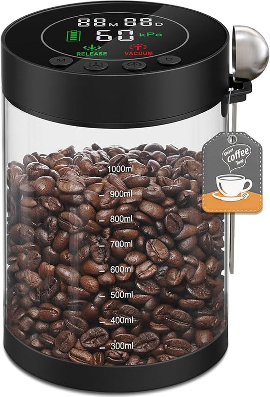 Electric Vacuum Coffee Canister, 1.3L Glass Airtight Food Storage Container | with Smart Pressure Sensor, Automatic Coffee Bean Container Rechargeable with LED Display Window for Kitchen Food Storage