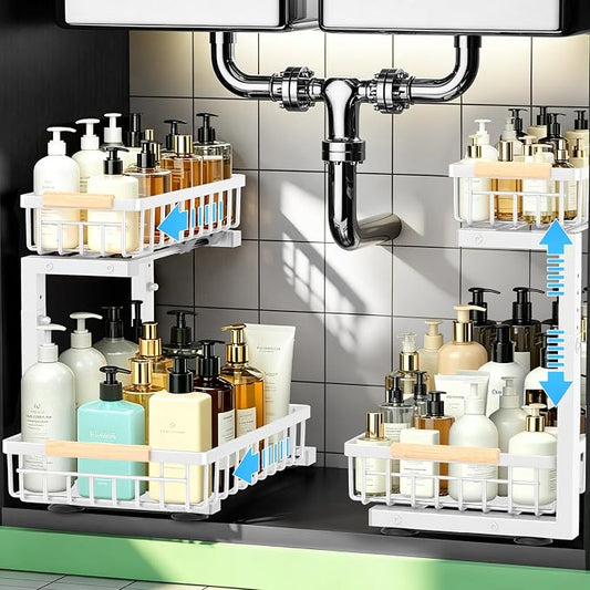Under Sink Organizer 2 Pack, Double Slide Out Metal Shelf, White | Pull Out Kitchen Storage Cabinet Organizer, 2-Tier Under Sink Storage Rack for Bathroom Laundry Kitchen Storage with Drawer
