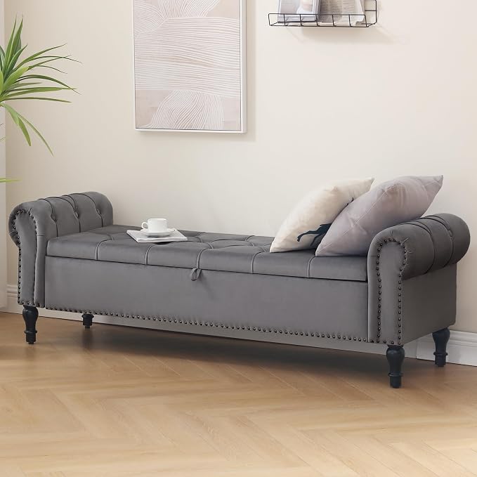 Velvet Storage Bench 67 Inch Upholstered Tufted Ottoman Bench with Rolled Arms Large Storage Space King Size End of Bed Bench for Bedroom Living Room Entryway Grey