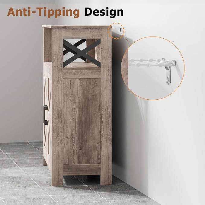 Homhedy Farmhouse Bathroom Storage Cabinet with Doors, Small Floor Cabinet | Toilet Paper Cabinet with Adjustable Shelf, Freestanding Storage Cabinet for Kitchen/Laundry/Living Room, 24"W, Greige