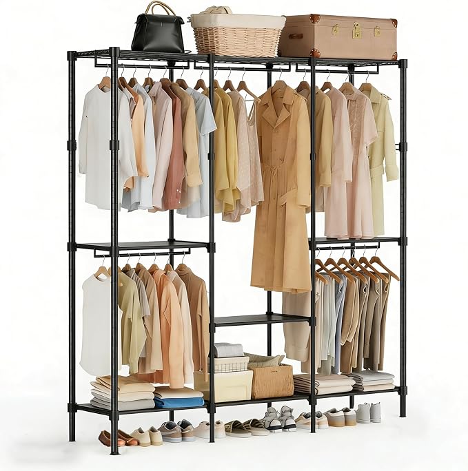Simple Deluxe Clothes Rack, Heavy Duty Clothing Rack, 4-Shelf Portable Adjustable Wardrobe Closet with Hanging Rods, 74.2" W x 15.5" D x 77.1" H, Black