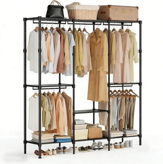 Simple Deluxe Clothes Rack, Heavy Duty Clothing Rack, 4-Shelf Portable Adjustable Wardrobe Closet with Hanging Rods, 80.7" W x 15.5" D x 77.1" H, Black