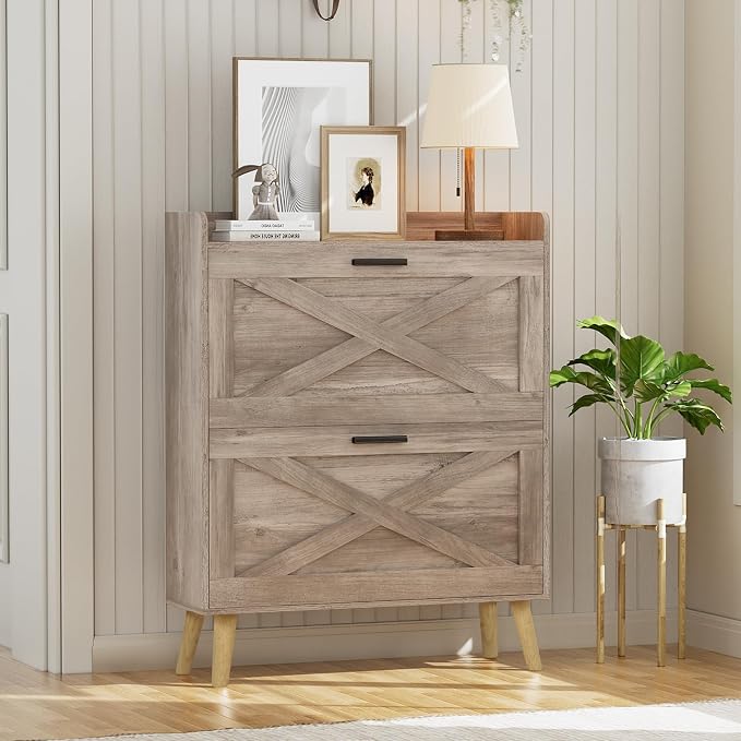Homleke Farmhouse Shoe Storage Cabinet with Flip Drawers & Barn Door Design | Slim Narrow Shoe Rack Cabinet with Adjustable Shelves & Hidden Storage for Entryway, Foyer, Hallway, Living Room, Greige