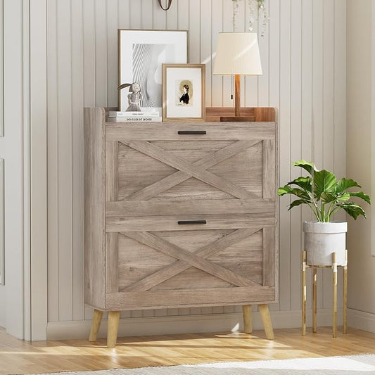 Homleke Farmhouse Shoe Storage Cabinet with Flip Drawers & Barn Door Design | Slim Narrow Shoe Rack Cabinet with Adjustable Shelves & Hidden Storage for Entryway, Foyer, Hallway, Living Room, Greige