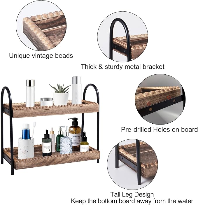 BDBDYEAY Bathroom Countertop Organizer, 2 Tier Vanity Organizer and Storage for Cosmetic Skincare Perfume, Wood Bead Storage Shelf for Bathroom Kitchen Coffee Station