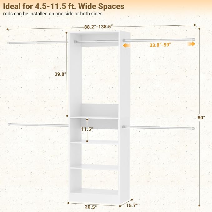 Closet System, 4.5-11.5 Ft Expandable Closet Organizer, White | 5 Hanging Rods, Walk-in Wood Closet Organizer System with Storage Tower, Heavy Duty Garment Rack Wardrobe for Bedroom