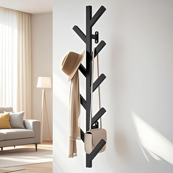 Prywot Vertical Hat Rack, Metal Coat Rack Wall Mounted, Black, 37.8" | 9 Hooks, Space-saving wall-mounted design, for Hats, Jackets, Coats, and Bags - Suitable for Entryways and Bedrooms