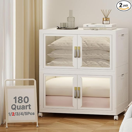 Stackable Storage Bins with Lids, 360QT Extra Large Storage Cabinet | Clear Doors, Foldable Storage Drawers, Heavy Duty, Collapsible Closet Organizers for Bedroom Office (2, White,180, Quarts)