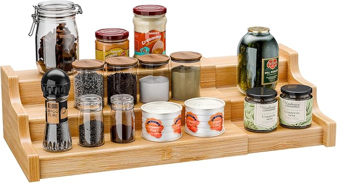 Simple Trending Spice Rack Kitchen Cabinet Organizer, 3 Tier Bamboo Expandable Spice Storage, Display Shelf for Cupboard, Pantry, Yellow