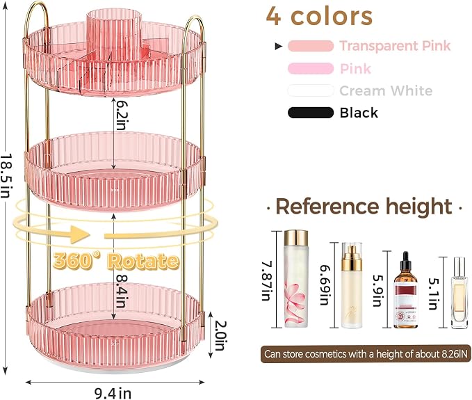 360° Rotating Makeup Organizer, Upgraded 3 Tier Skincare Perfume Organizers for Women, Bathroom Organizer Countertop, Clear Cosmetic Dresser Organizer with Makeup Brush Holder Counter(Clear Pink)