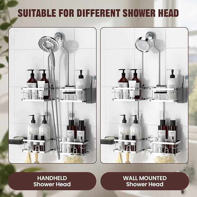 REINHARDT Adjustable Shower Caddy Hanging for Handheld Showerheads, Silver | Patented Shower Organizer, Rustproof, 40lbs Capacity, Anti-Swing, Tool-Free, Suction Cups, 8 Hooks, Soap & Toothbrush Holder