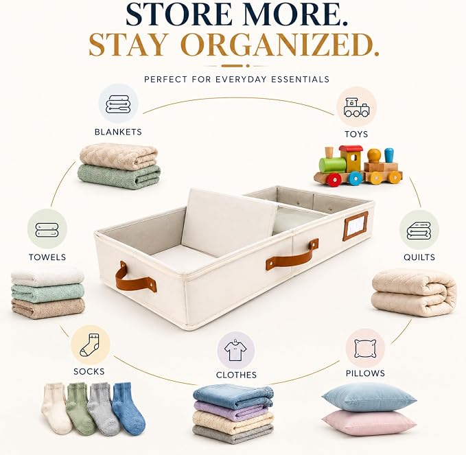 2pc Under Bed Storage Containers, Bedroom Under the Bed Drawer Storage Organizer with Bins and Lids, Large Underbed Clothes Storage Box Ideal for Blanket, Fabric, & Shoes (Ivory)
