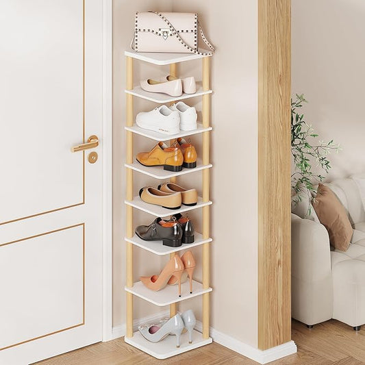 8 Tiers Vertical Shoe Rack, Tall Narrow Shoe Tower, Corner Shoe Rack, White | Small Shoe Organizer for Entryway, Closet, Dorm & Small Spaces, Freestanding Wooden Shoe Shelf for Boots, Sneakers, Heels.