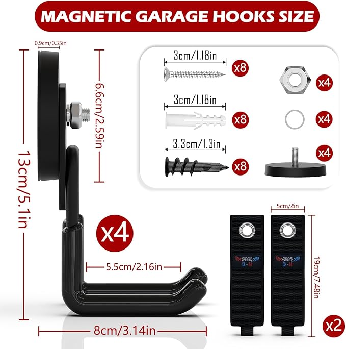 3-H Heavy Duty Magnetic Hooks, Large Magnet Hooks,4 Pack Black | No-Drill Tool Holder for Garage,Power Drill,Garden Tools,Hose Storage