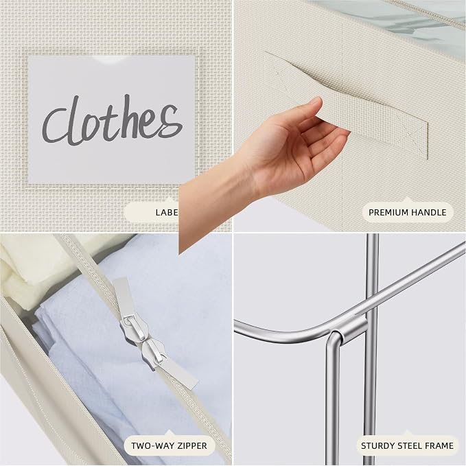 CYhom 3Pcs Under Bed Storage Bins with Metal Frame - Shoe Organizer for Closet with Clear Cover Oxford Fabric Sturdy Underbed Container Foldable Stackable Clothes Organizer (Beige, 23.5x19.7x6.3)