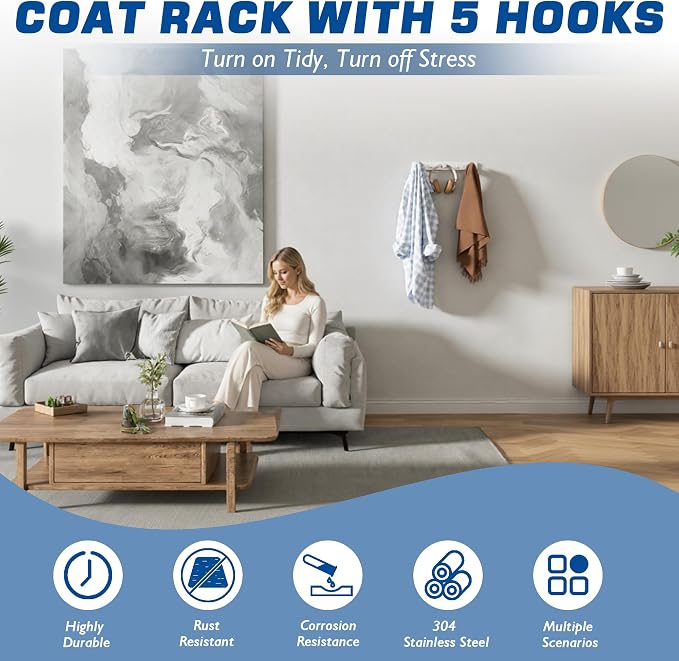 Alise White Coat Hooks Wall Mount,Hat and Coat Rack with 5 Hooks | Key Hooks for Robes,Bags,Keys,and Towels,SUS304 Stainless Steel Wall Hooks for Hanging,Self Adhesive or Drilling