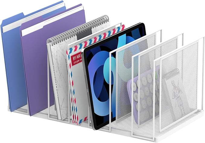 File Organizer for Desk, 7-Section Vertical File Sorter, Paper Holder Organizer Standing Metal File Folder for Office Home Classroom, White