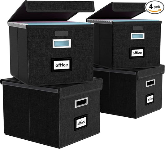 File Organizer Box with Lids, Collapsible File Folder Organizer | File Box with Plastic Slides for Office Document Storage, Filing Bin for Letter Size Hanging File Folders (4 Pack, Black)