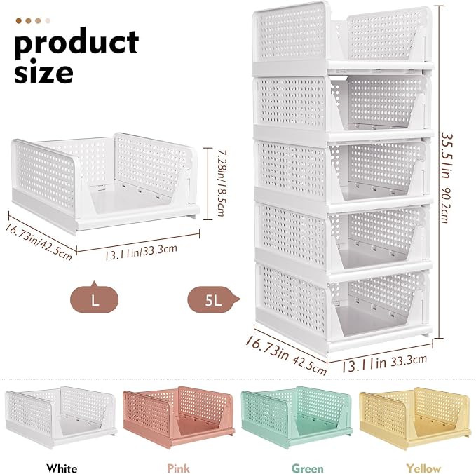 SNSLXH 5 Pack Stackable Closet Storage Basket, Multifunctional & Foldable Closet Organizer for Bathroom Kitchen Laundry Room Wardrobe Storage, Space-Saving Clothes Storage Drawer Organizer, White | 5 Pack Foldable Closet Storage Bins for Bathroom Laund...