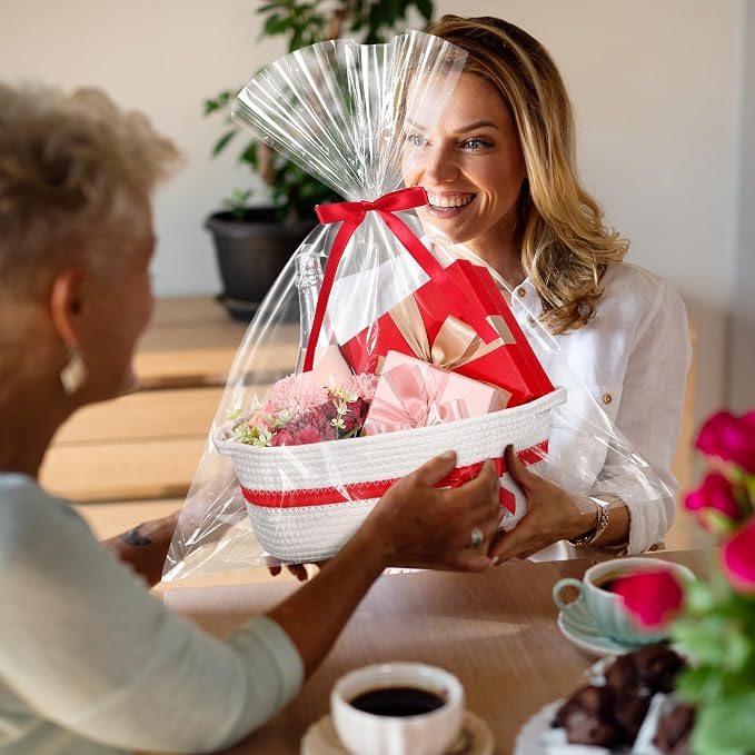 Colingmill 1 Set Woven Empty Basket for Gift,White Red | with Cellophane Wrap Set, 14 x 10 x 5.5 Inch, Medium Decorative Gift Basket, Cotton Rope Storage Box, Home Decor