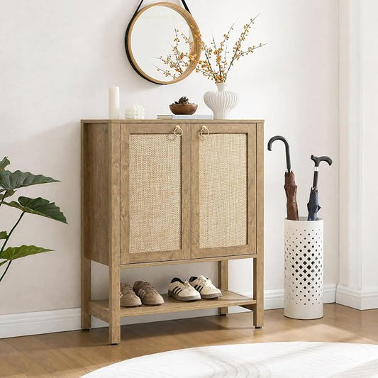 SICOTAS Rattan Shoe Storage Cabinet with Storage 5 Tier Shoe Organizer | Farmhouse Boho Shoe Cabinet with Shelves & Doors, Tall Shoe Rack Cabinet for Entryway, Living Room, Closet (Carbon Cherry)