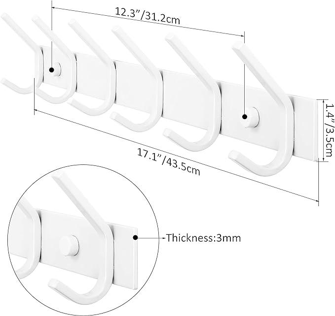 WEBI Coat Rack Wall Mount,Coat Hooks Wall Mounted,Coat Hanger Wall Hook Rack,6 Hooks for Hanging Coats,Jacket,Hats,Clothes,White