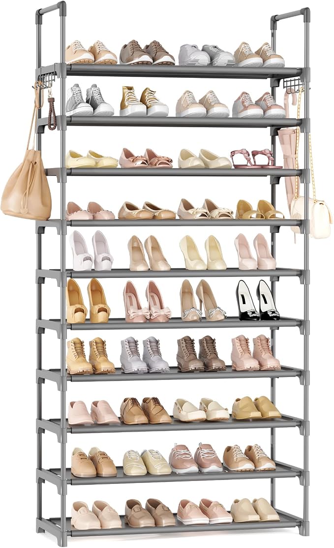 LANTEFUL Upgraded Shoe Rack for Closet Large Capacity 10 Tier Shoe Storage Holds 40–50 Pairs Sturdy Shoe Organizer with 10 Hooks for Entryway, Bedroom, Garage, Grey