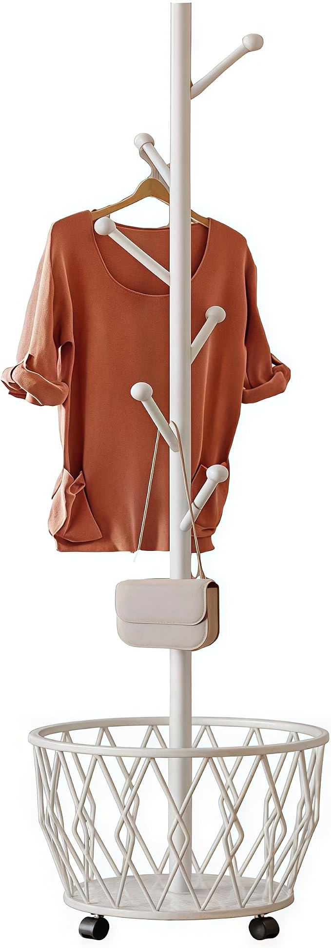 Off-White Moveable Tree Metal Coat Rack with Basket Freestanding 65" | Organizer for Scarf Jacket Hat Bags Ideal for Home Entryway Bedroom Corner Stable