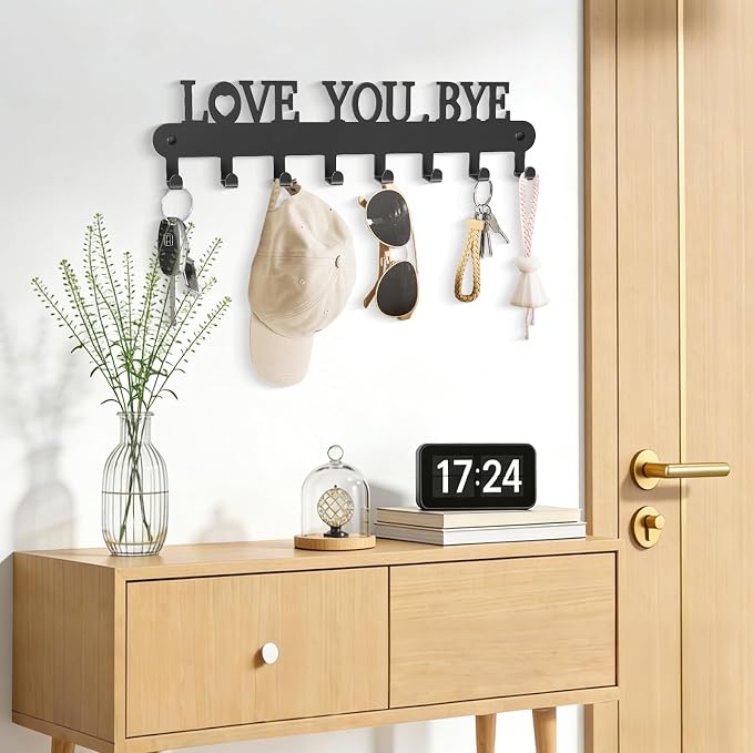 Key Holder for Wall - 'Love You Bye' Key Hooks, Black, 6 Hooks | Key Holder Wall Mount Self Adhesive, Key Rack Wall Mount for Wall No Drill for Living Room, Kitchen, Bathroom, Garage
