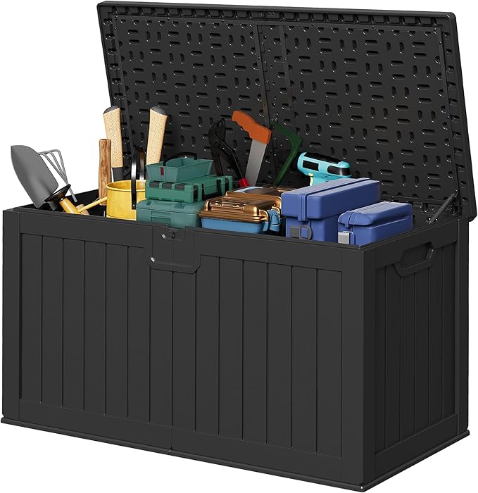 Devoko HDPE 240 Gallon Deck Box Double-Wall with Divider | Large Outdoor Storage Box Side Handles, Waterproof and Lockable for Patio Furniture, Garden, Pool